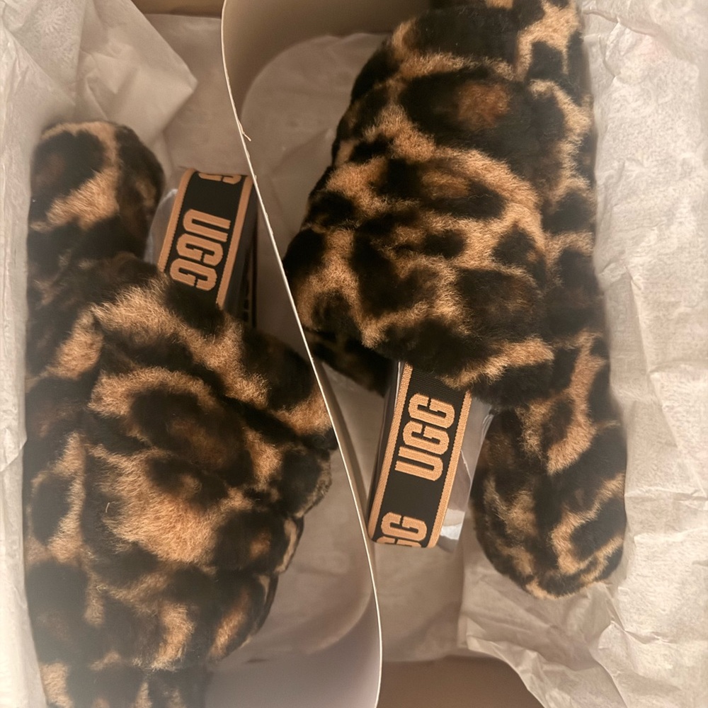 UGG Leopard-Print Faux Fur Slide Sandals in Brown and Black
